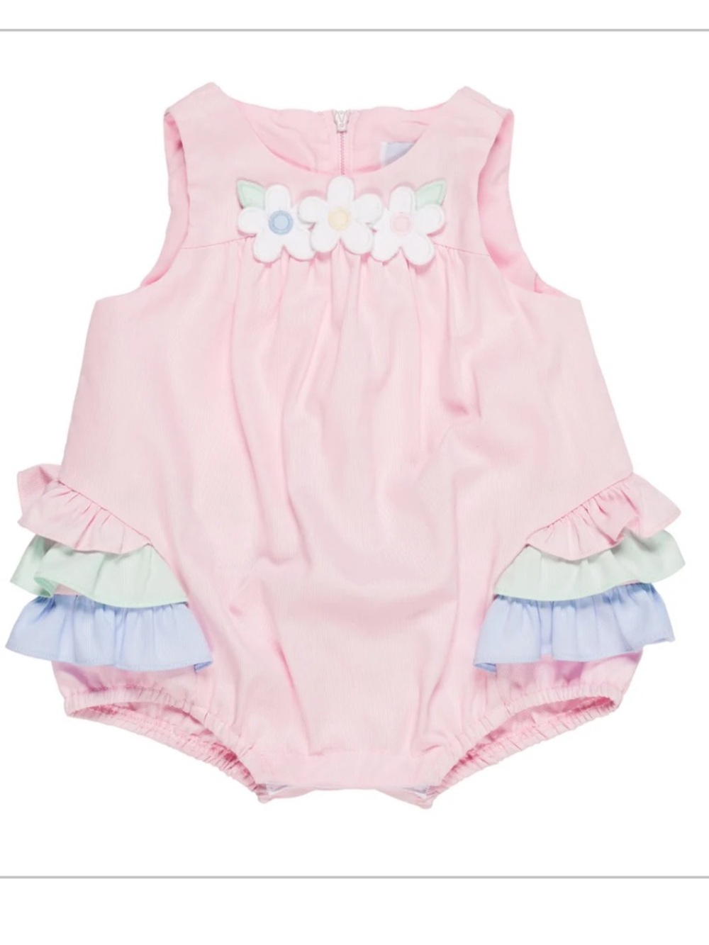 Florence Eiseman Pink Romper with Mint and Light Blue Ruffles